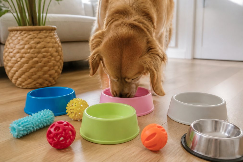 Close-up of dog eating from various colorful plastic bowls and playing with textured plastic toys in a bright home setting, showing different plastic types and conditions