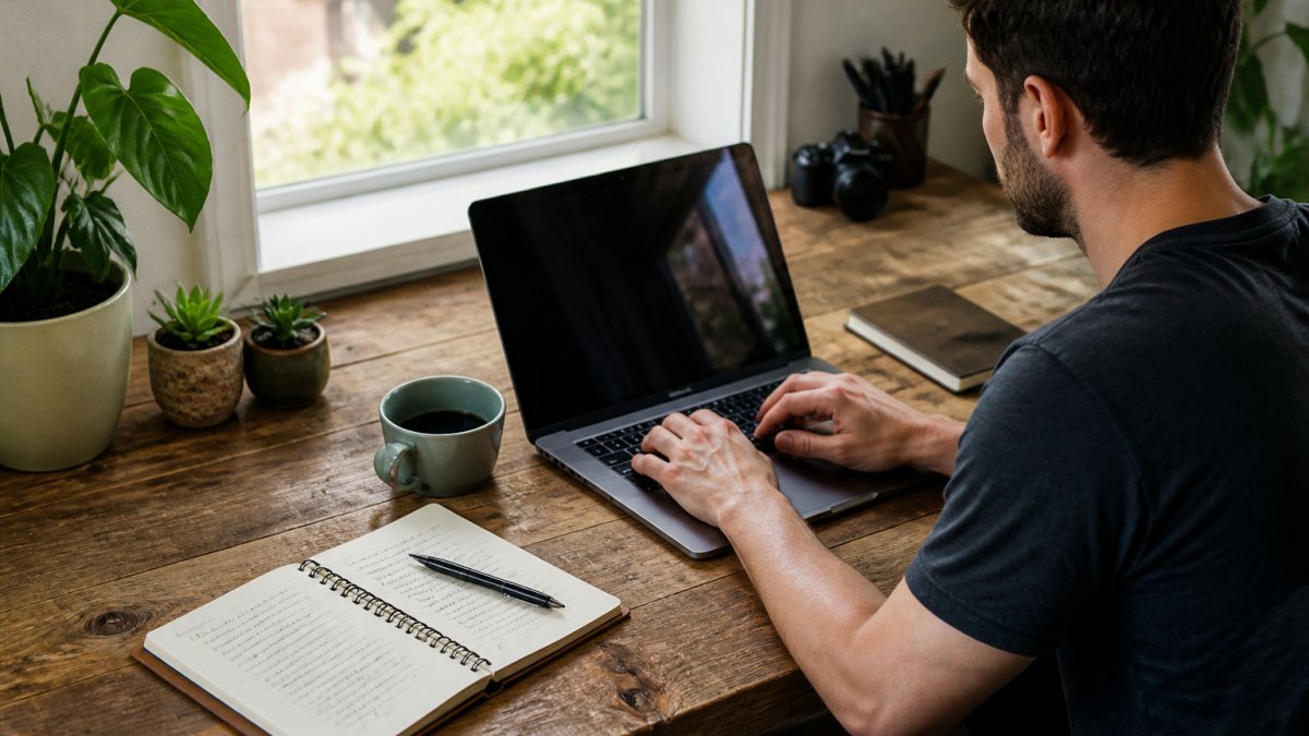 A solo marketer at a home desk setting up a branded link on a laptop, a notebook with handwritten campaign notes and a coffee mug nearby, soft natural window light