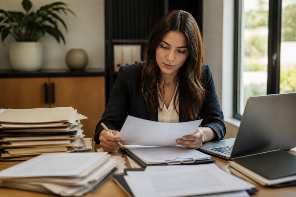 Real estate professional reviewing bridge loan documents and compliance checklist at a desk with multiple files and a laptop, natural office lighting
