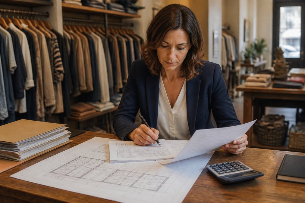 Retail store owner reviewing expansion plans and financial documents to determine if bridge financing is good for retail