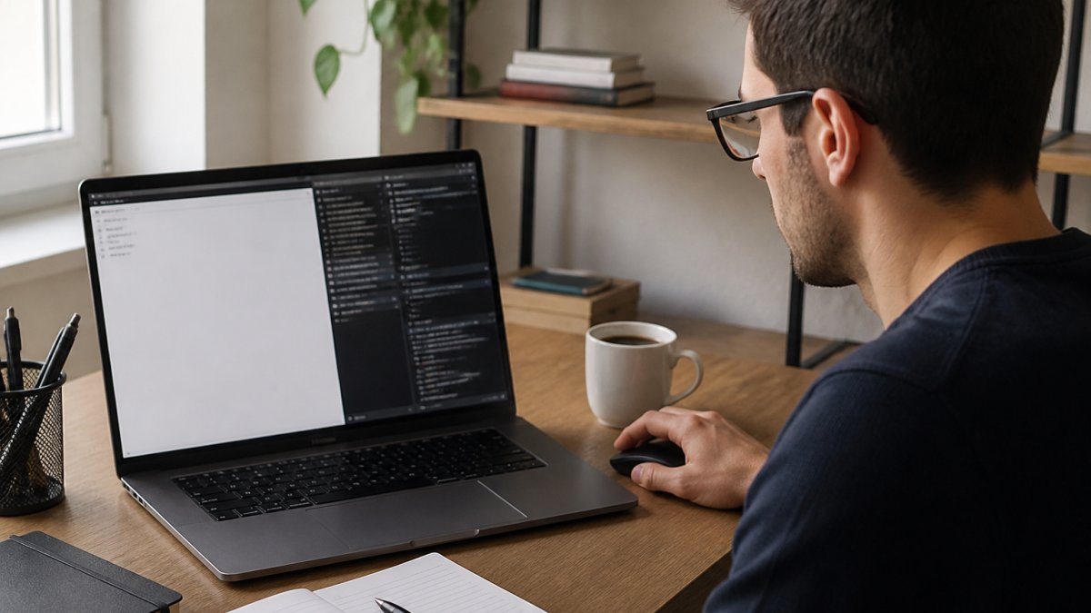 Developer using browser based text processing tools to verify local data security on a laptop at a desk.