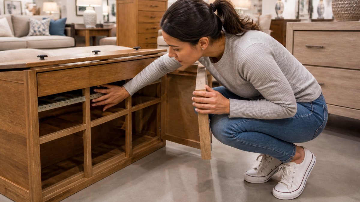 A shopper in a bright furniture showroom crouching down to inspect the underside of a wooden dresser, running a hand along the frame joint and checking drawer hardware