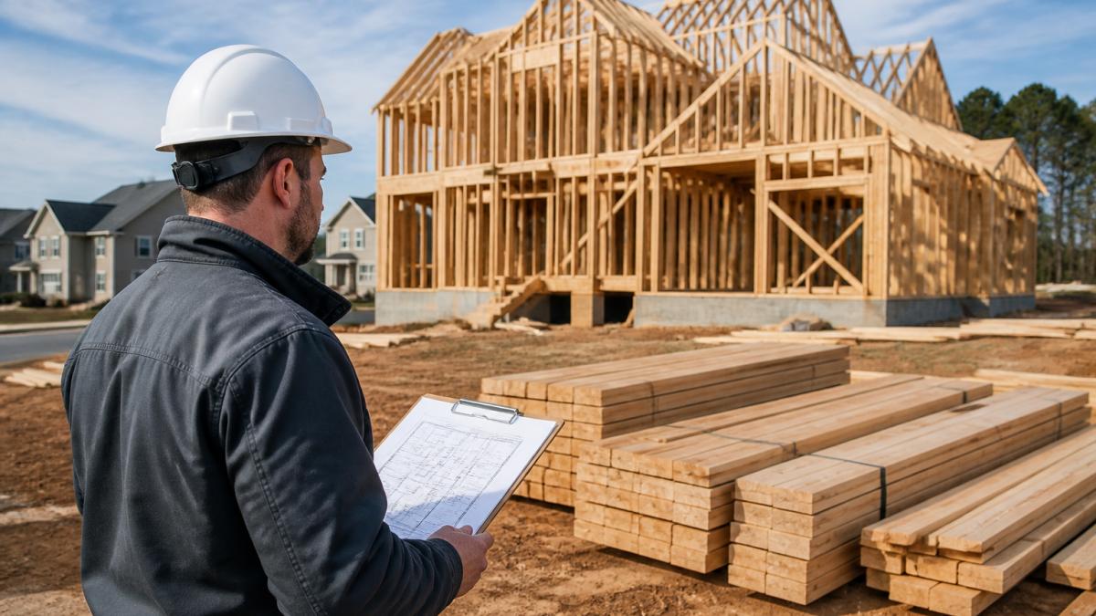 A residential construction site in a suburban neighborhood showing a framed house in progress, with lumber stacked neatly and a builder in a hard hat reviewing plans on a clipboard in the foreground