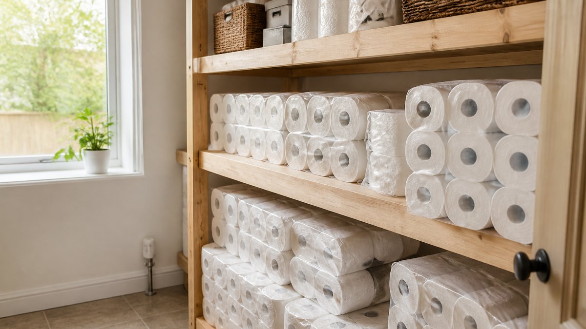 A clean, dry utility room with neatly stacked packs of toilet rolls arranged on wooden shelves, soft daylight from a window, organised bulk paper storage in a home setting
