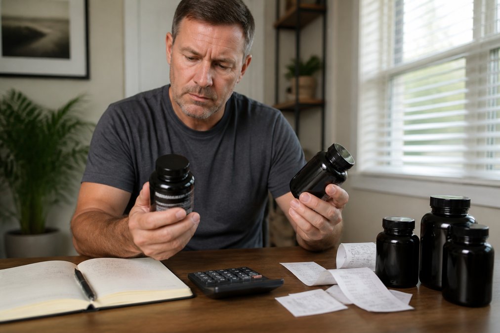Middle-aged man reviewing supplement bottles and receipts at a desk, comparing prices with a calculator and notepad, natural lighting from window