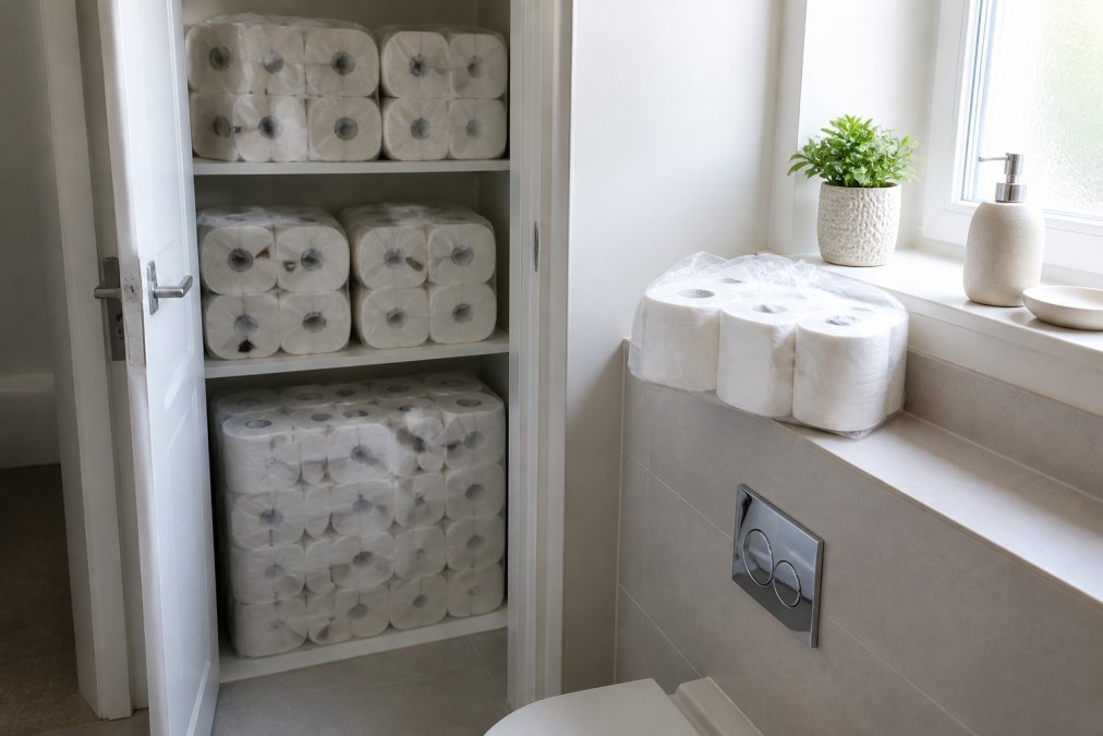 A neatly organised utility cupboard shelf stacked with wrapped packs of toilet rolls, one pack opened on a bathroom shelf nearby, soft daylight from a side window