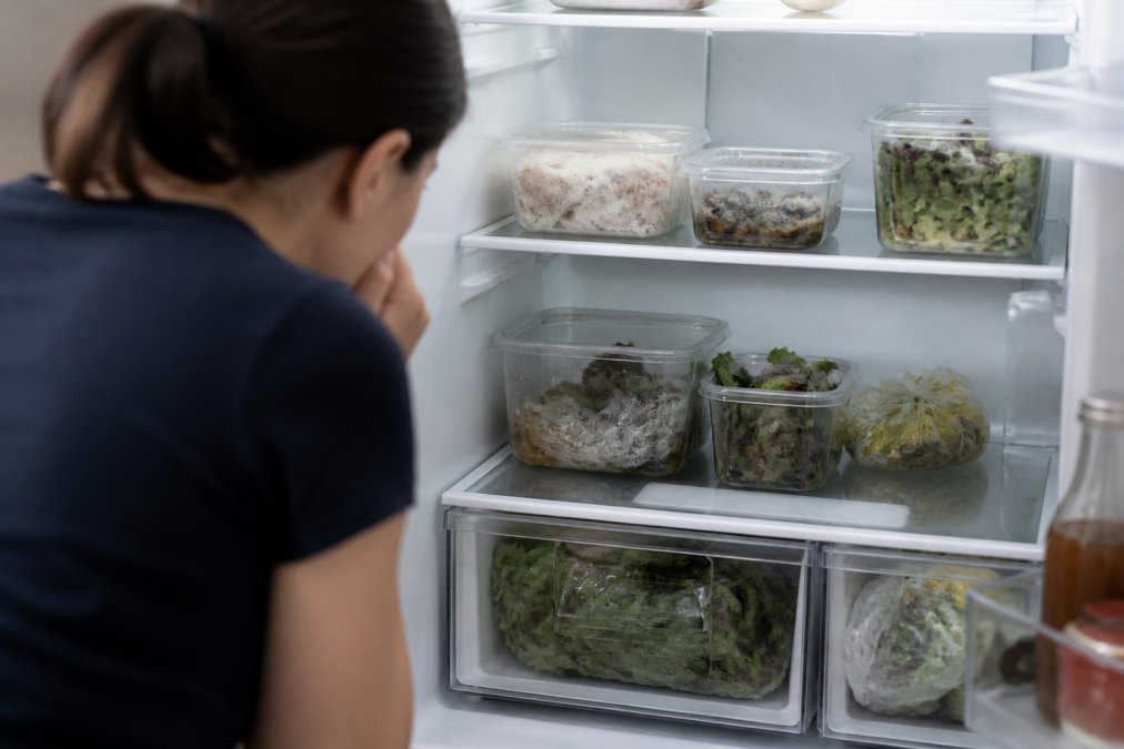 Infographic showing how bulk buying leads to spoiled food and household waste in a refrigerator.