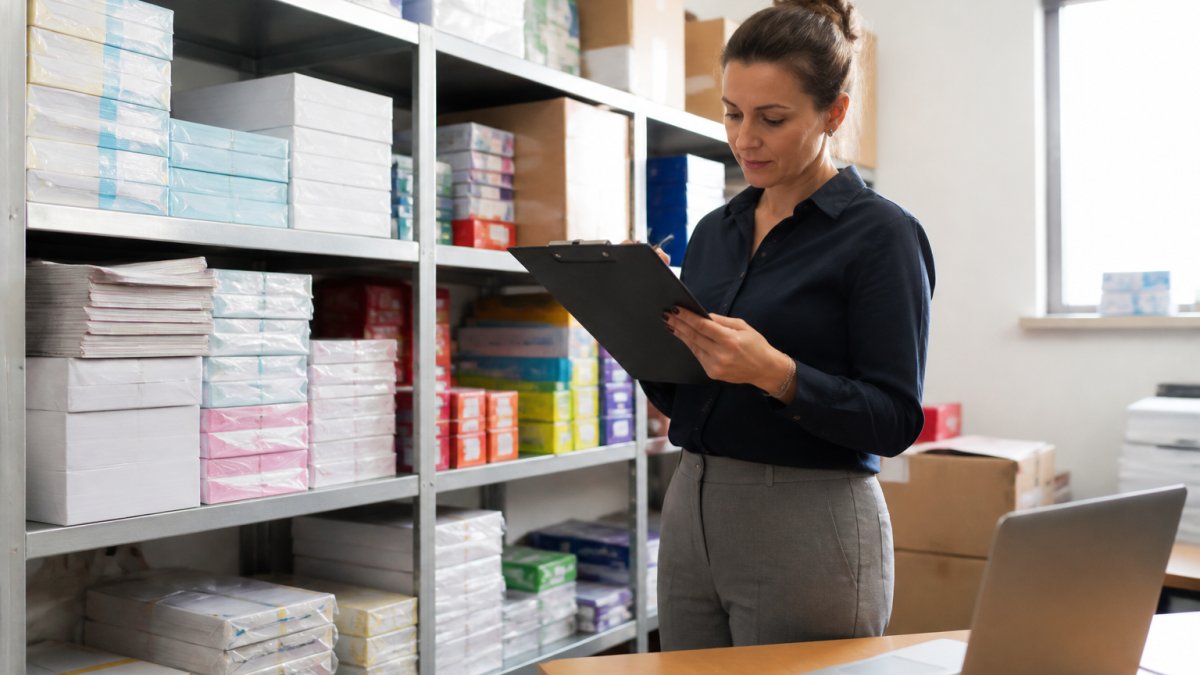 An office manager in a bright stockroom checking a clipboard against shelves of stacked paper reams and boxed stationery, with a laptop open on a nearby desk showing a simple stock spreadsheet
