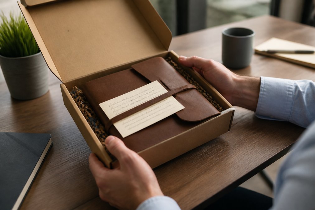Close-up of hands unboxing a personalized leather journal with a handwritten note on a clean desk in a modern office with soft natural window lighting