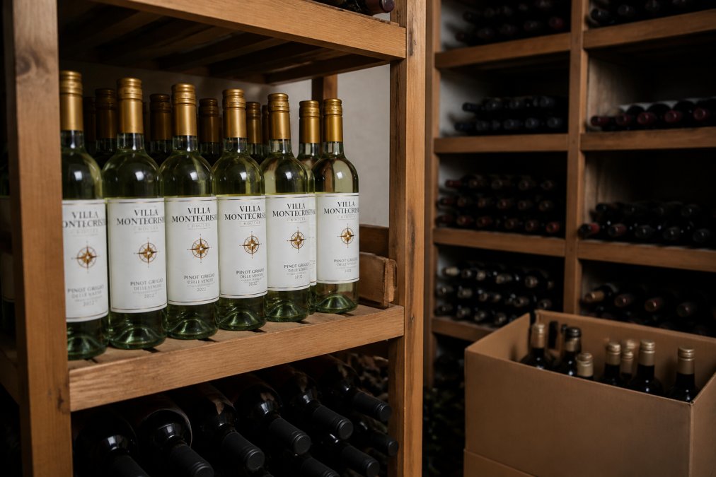 Organised wine storage in a bar cellar with bottles carefully arranged on wooden shelves, proper temperature control visible on wall-mounted display, dim lighting to protect wine quality