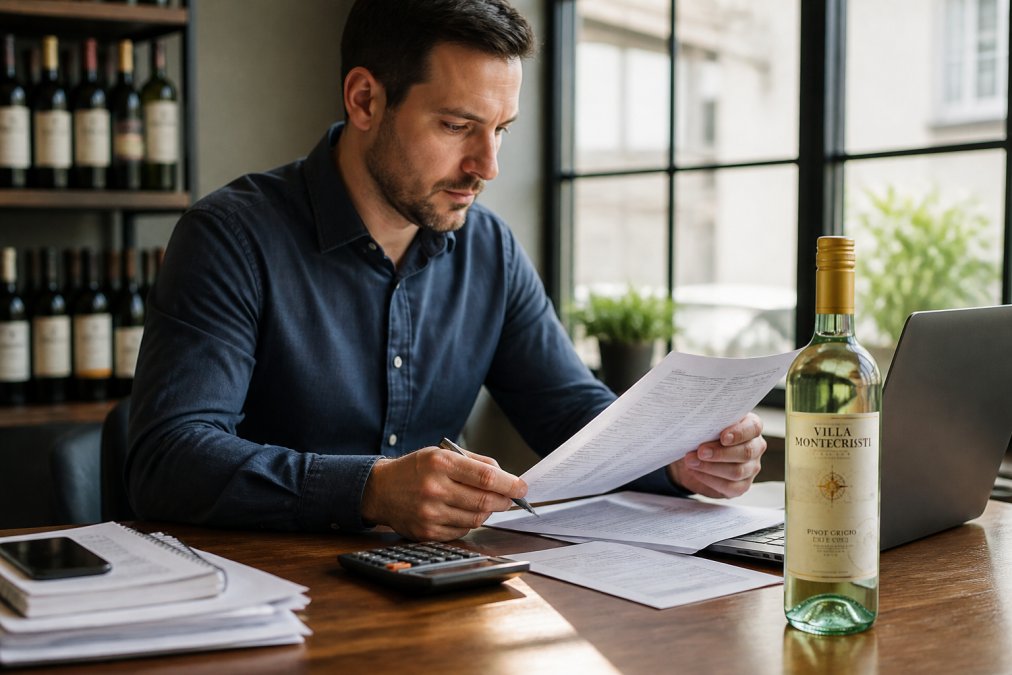 Bar manager at desk reviewing wine order forms and pricing spreadsheets on laptop, calculator and pen visible, natural office lighting from window