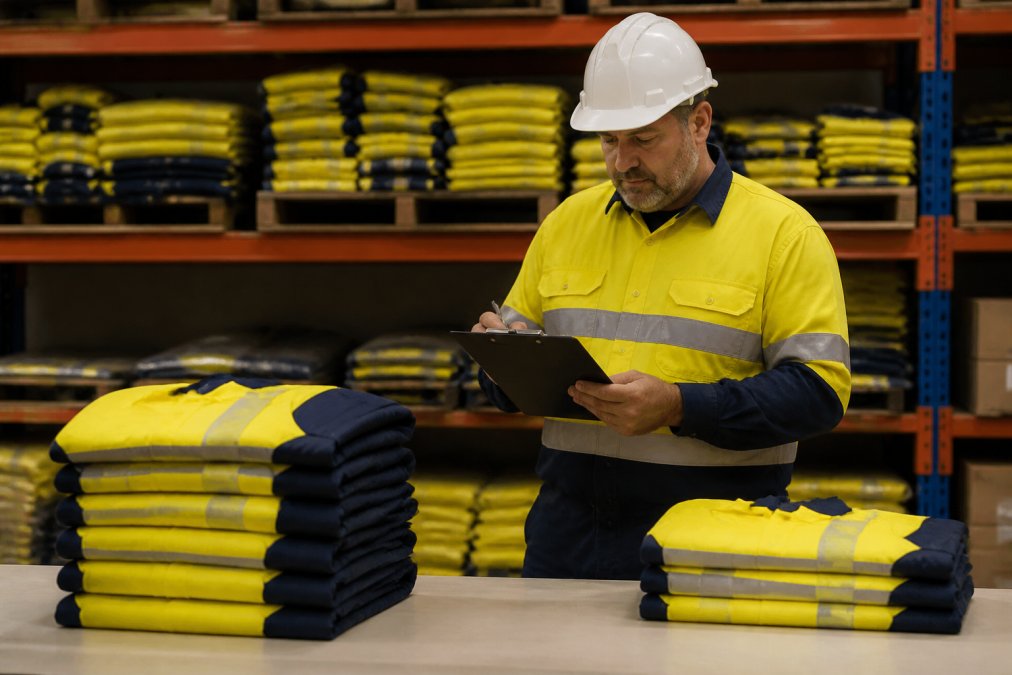 A warehouse manager in a hi-vis yellow shirt and hard hat reviewing a clipboard with stacks of folded workwear uniforms on shelves in the background