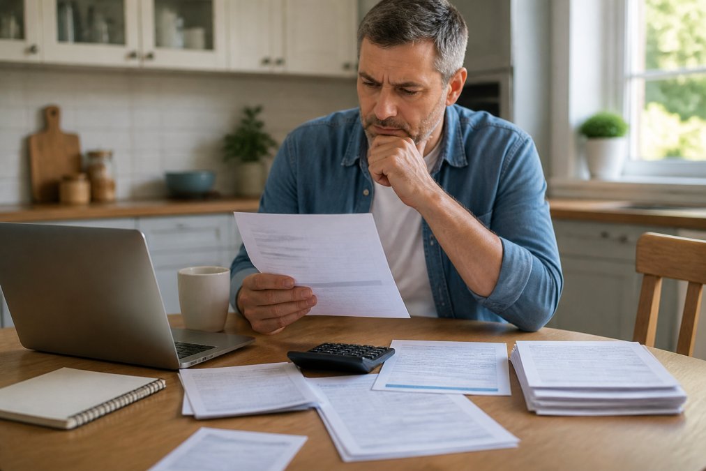 Homeowner sitting at kitchen table with insurance policy documents, bills, and calculator spread out, laptop open showing insurance quotes, natural daylight streaming through window, thoughtful expression while comparing options