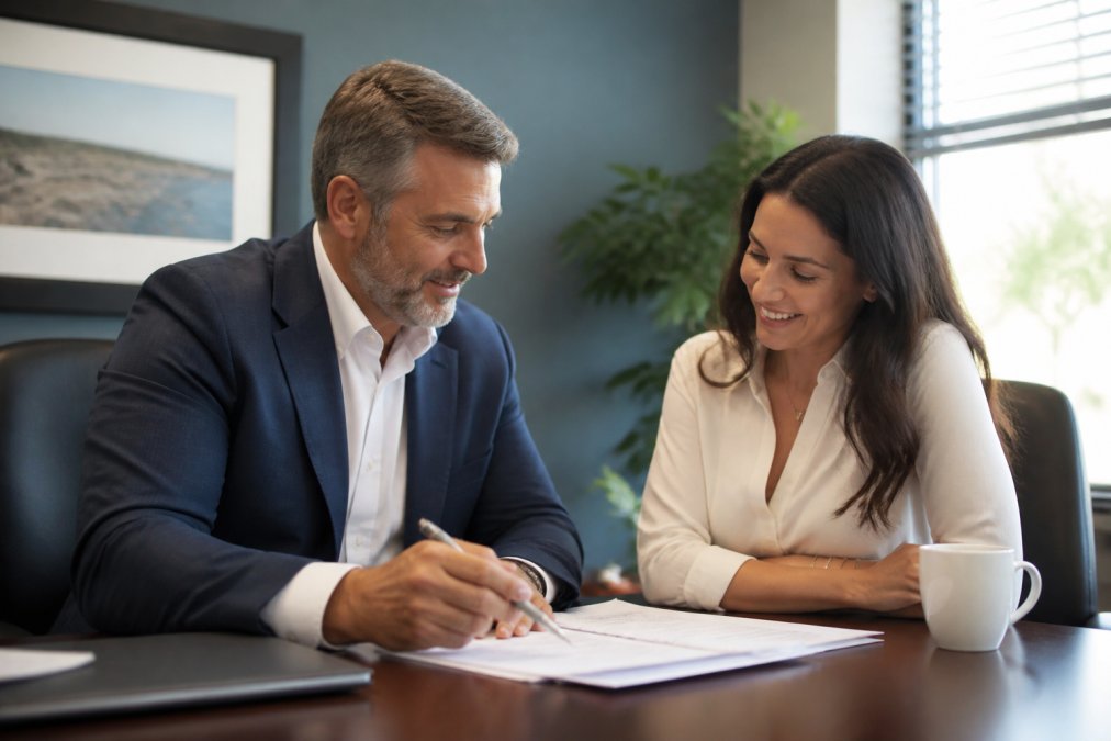 Insurance agent and client sitting at desk in professional office, reviewing policy documents together, warm lighting, both focused on papers, atmosphere of trust and collaboration