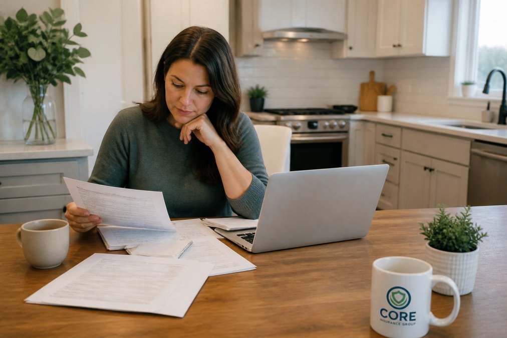 Homeowner reviewing insurance documents and laptop at kitchen table with coffee, comparing policy options and policy papers
