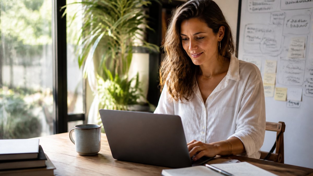 A confident business founder in a bright modern office reviewing growth metrics on a laptop, with a whiteboard covered in strategy notes visible in the background