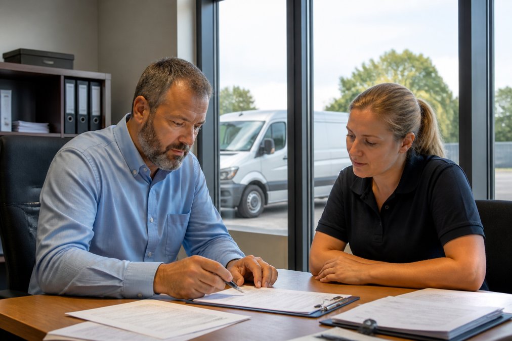 Business owner and employee reviewing a vehicle incident report for a business auto policy claim