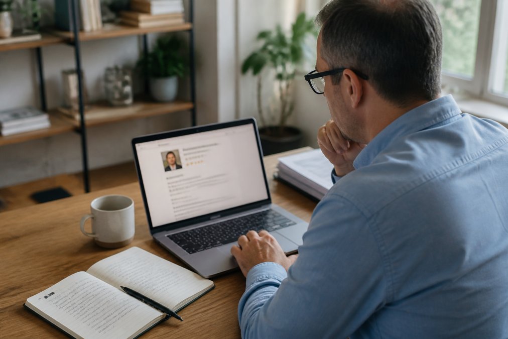 Small business owner reviewing coaching qualifications and client testimonials on laptop at desk, with notebook and pen nearby, natural office lighting