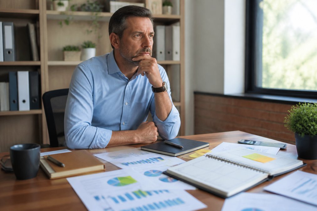 Entrepreneur sitting at desk looking thoughtful, surrounded by business documents and growth charts, with calendar and strategic planning materials visible, afternoon office lighting