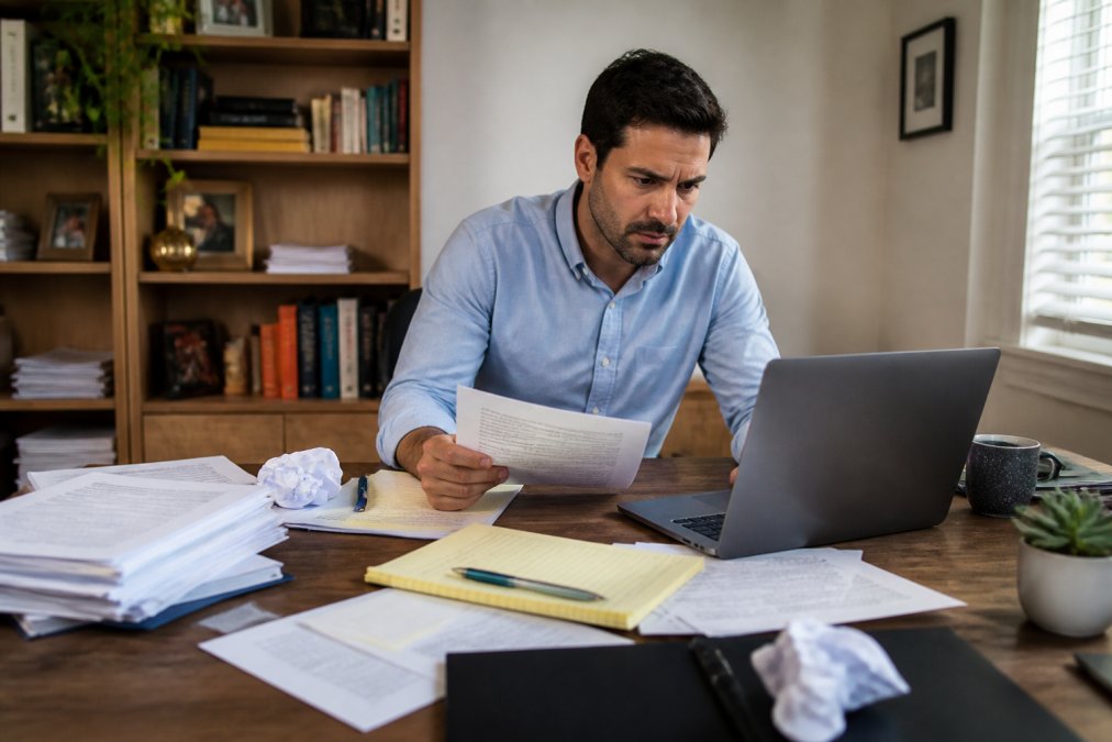 Entrepreneur working at laptop with business formation paperwork and legal documents scattered across desk in home office