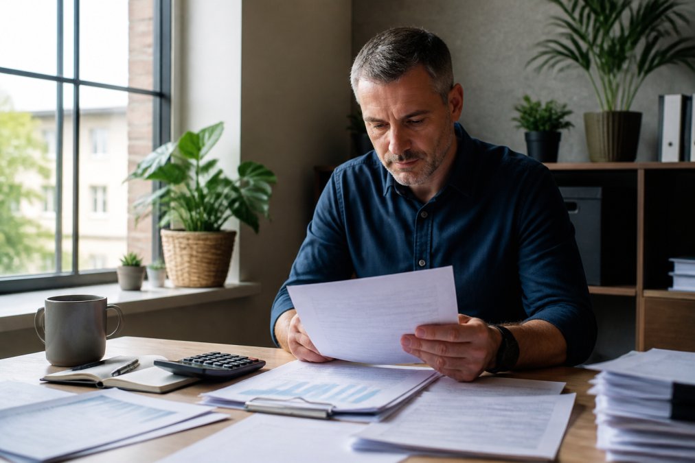 Small business owner reviewing financial documents and insurance policy to determine if is business interruption insurance
