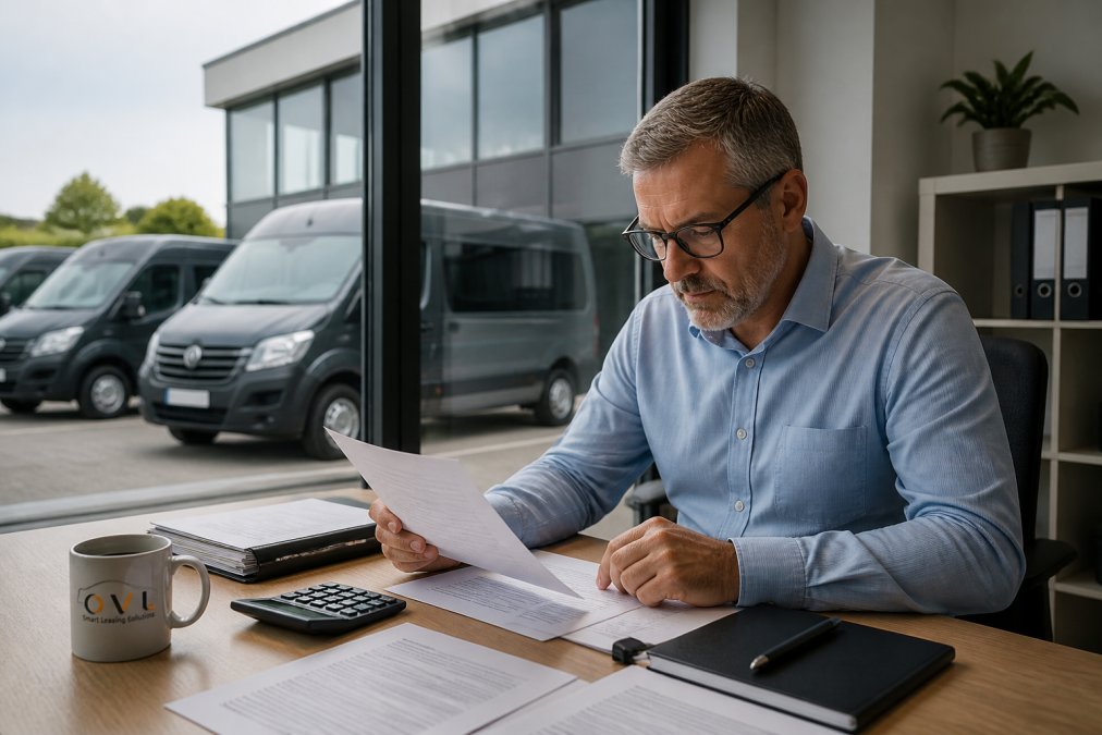Fleet manager reviewing lease agreement and tax documents at desk with minibuses parked outside modern office building