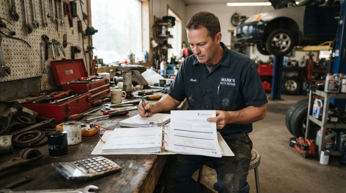 Independent mechanic reviewing business owner insurance documents at a workshop workbench with tools in the background