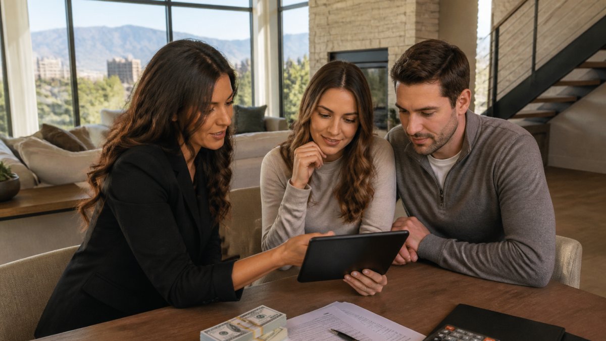 A real estate agent and a couple reviewing property listings on a tablet in a bright, modern Denver living room with large windows and mountain views in the distance