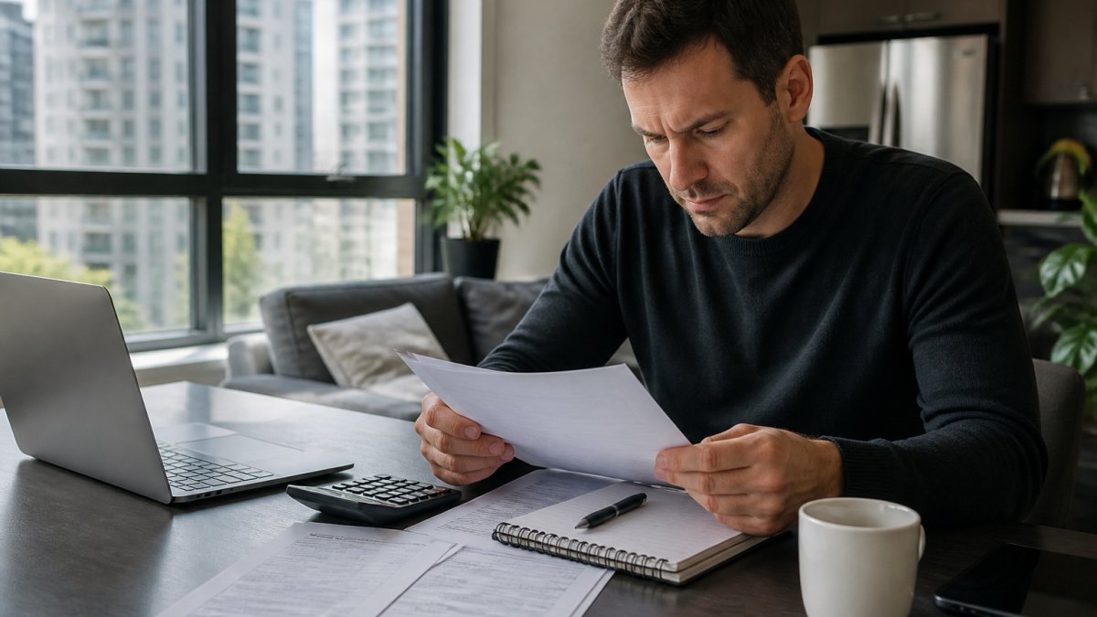 First-time buyer reviewing mortgage documents and condo purchase paperwork at a desk with laptop and coffee, natural afternoon lighting through window