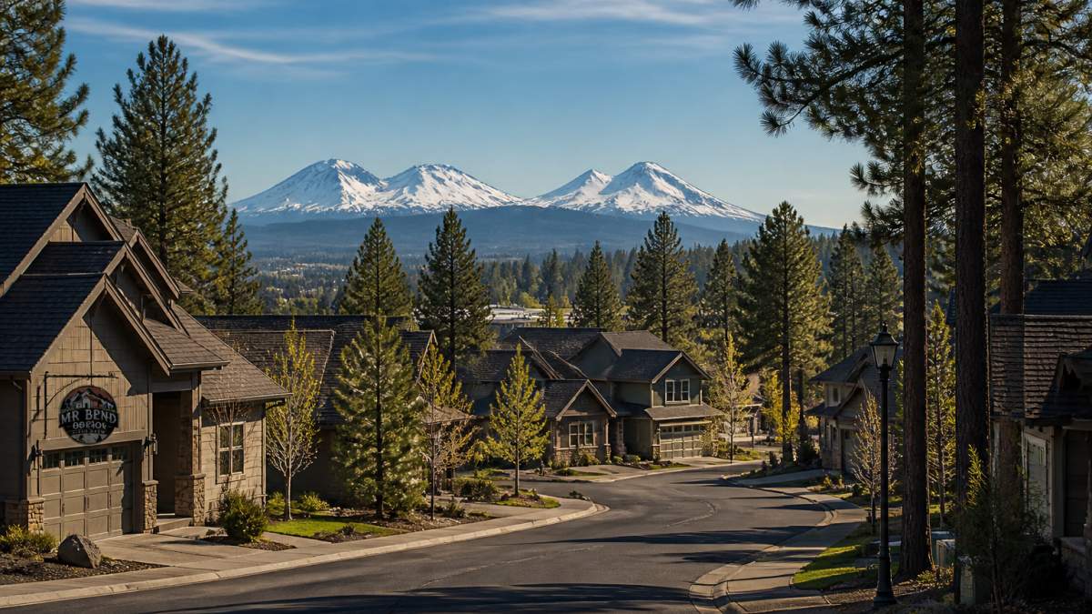 A quiet residential street in a Bend, Oregon neighborhood on a clear morning, with single-family homes, mature pine trees, and the Cascade Mountains visible in the distance