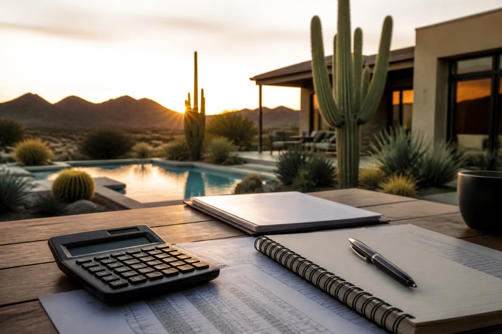 Modern Scottsdale home exterior with desert landscaping, mature cacti, and pool area visible with mountain views in the background during golden hour lighting