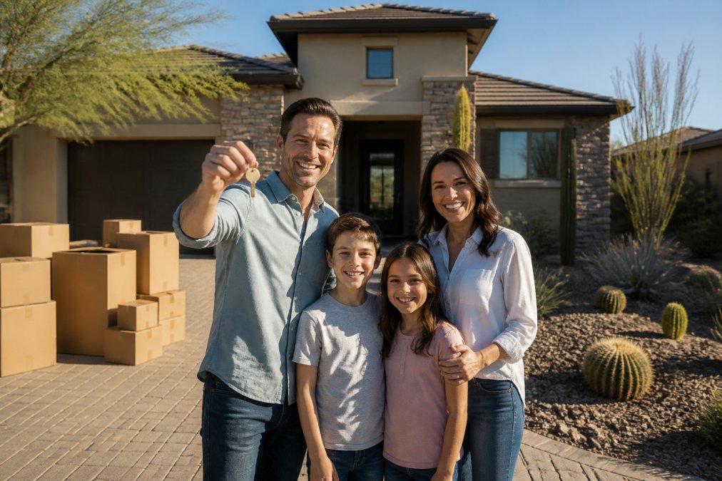 Family of four standing in front of their new Scottsdale home holding house keys, smiling broadly, with moving boxes stacked on the driveway and desert landscaping visible