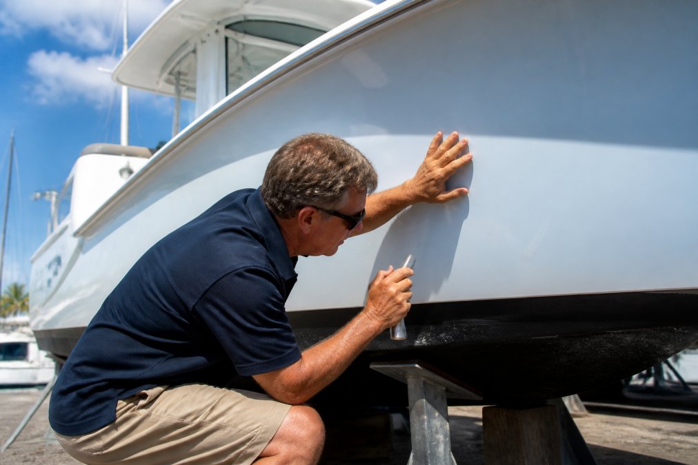 Professional marine surveyor inspecting the hull of a center console boat, checking for soft spots and fiberglass integrity with hands and specialized inspection tools in bright daylight