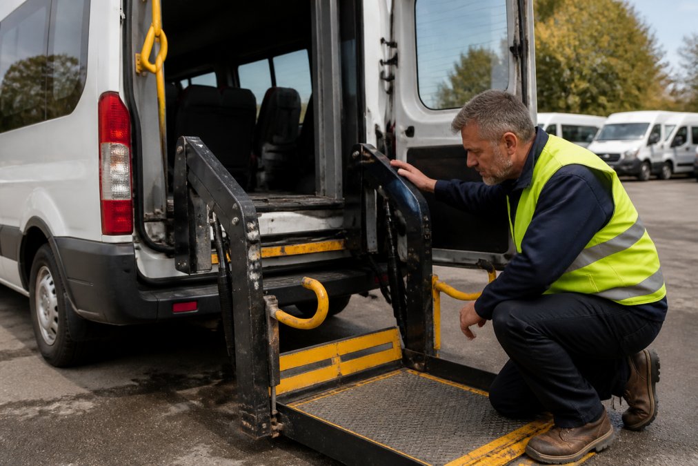 Professional inspector examining the hydraulic lift mechanism and rubber door seals on the exterior of a wheelchair accessible minibus, checking for signs of wear, rust, and hydraulic fluid leaks in daylight