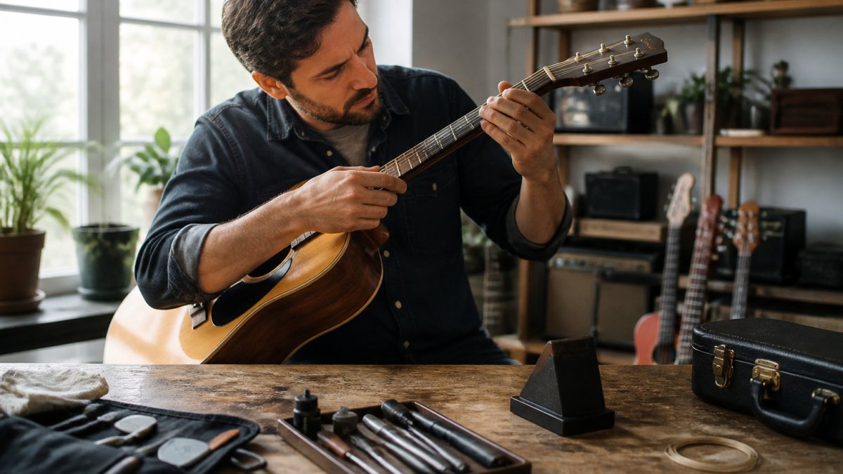 Musician inspecting the frets and neck joint of an acoustic guitar in a sunlit studio