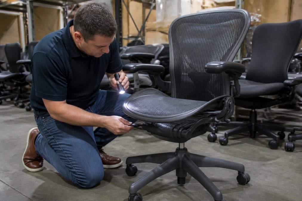 Person using a flashlight to inspect a used Herman Miller Aeron chair in a warehouse setting