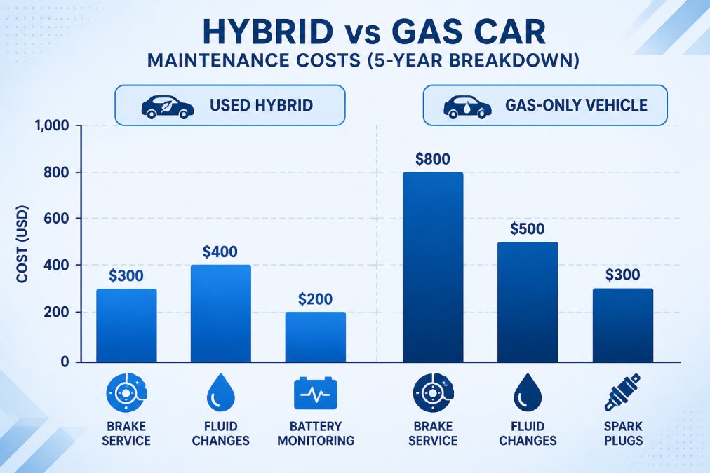 Bar chart comparing 5-year maintenance cost breakdown between used hybrid and gas-only vehicle: hybrid brake service $300, fluid changes $400, battery monitoring $200, gas vehicle brake service $800, fluid changes $500, spark plugs $300