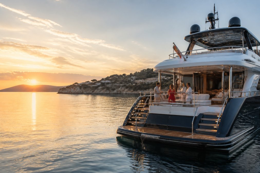 Luxurious yacht anchored in a calm Mediterranean bay at sunset, prompting questions if buying a yacht a good investment