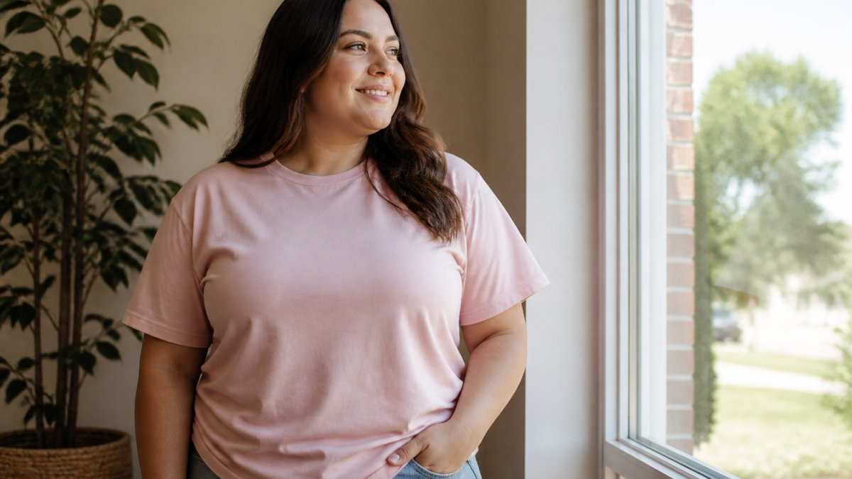 Woman wearing a well-fitted aesthetic faith shirt in soft pink tones, standing confidently in natural daylight by a window, showing how the relaxed fit drapes across different body types and proportions