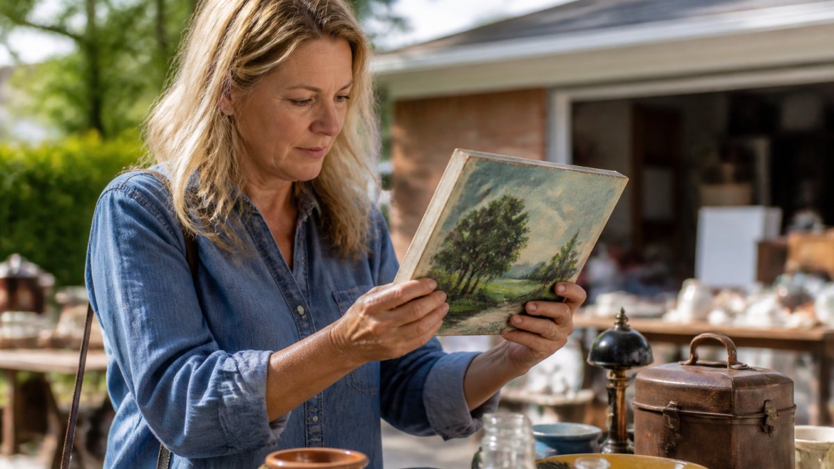 A person holding a small original painting at a yard sale or thrift store, examining it closely in natural daylight