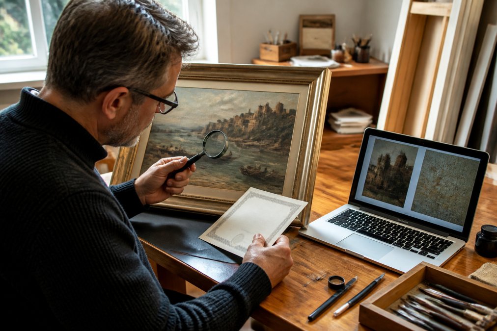 A collector examining a framed painting in a well-lit home studio, holding a certificate of authenticity and a magnifying glass, with a laptop showing high-resolution artwork images nearby