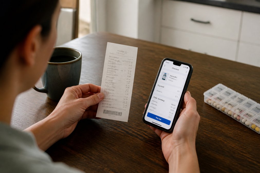 A person at a kitchen table comparing a pharmacy paper receipt next to a smartphone showing an online checkout page, with a small pill organizer and coffee mug nearby