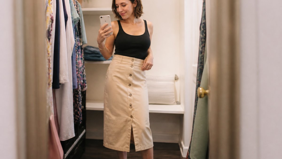 A woman in her thirties trying on a high-waisted midi skirt in a bright boutique fitting room, holding a phone with an online order confirmation visible on screen