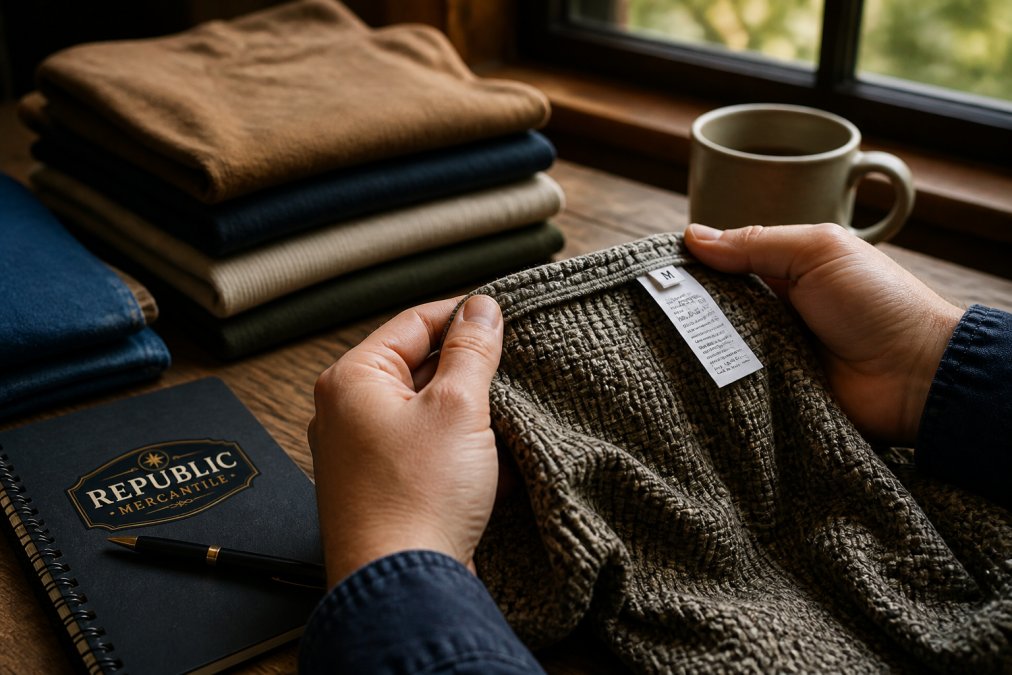 Close-up of hands examining fabric texture and weave pattern on a garment, with a size tag and care label visible, natural window lighting