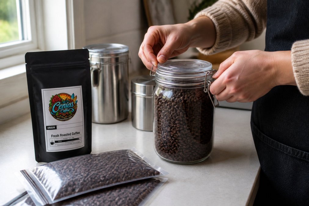 Close-up of hands carefully sealing an airtight glass container filled with dark roasted coffee beans, with vacuum-sealed pouches and stainless steel storage containers arranged on a light kitchen counter near a window