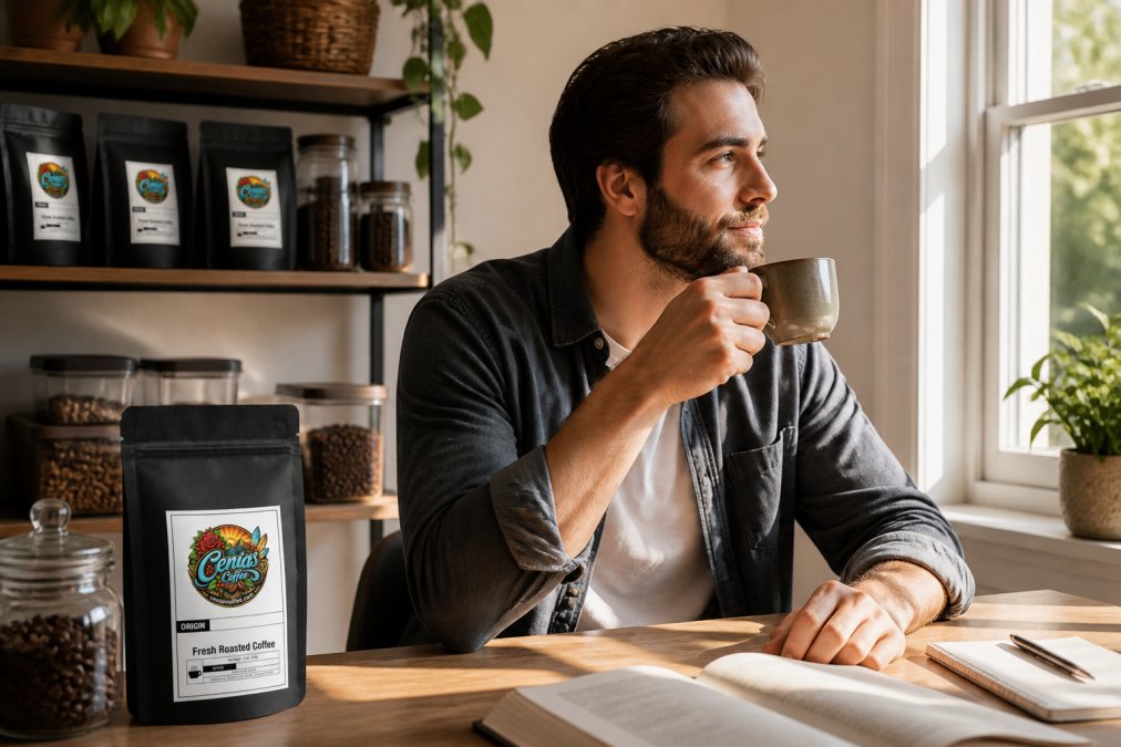 Remote worker sitting at a home office desk, holding a fresh cup of coffee with a satisfied expression, bulk coffee bags and storage containers visible on shelves in the background, natural morning light streaming through the window