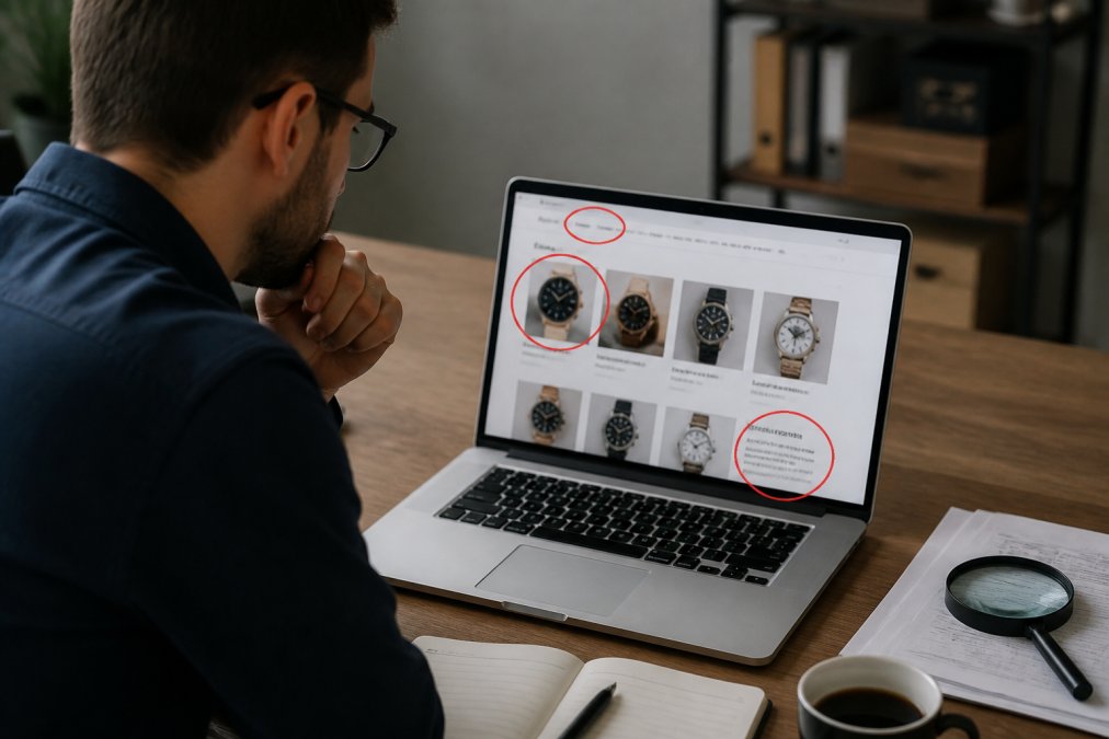 Professional examining a suspicious website to ensure buying custom watches online safe from scams.