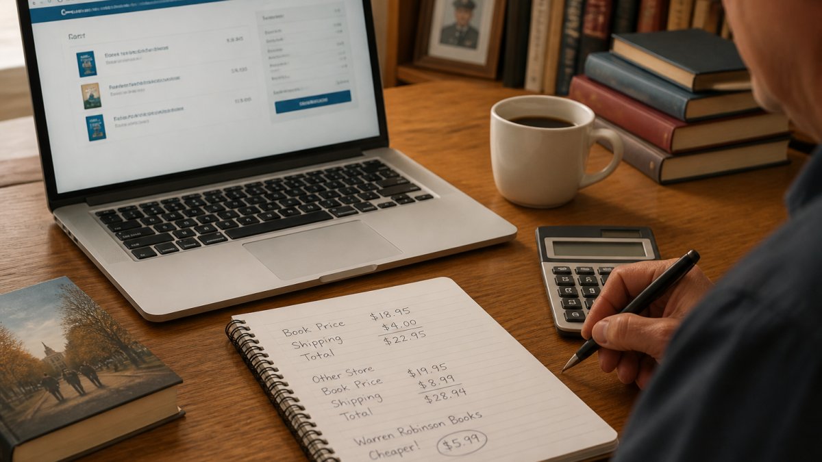 A person sitting at a wooden desk with a laptop open to a shopping cart page, a notepad with handwritten price calculations, a calculator, and a cup of coffee nearby in a warm home office setting