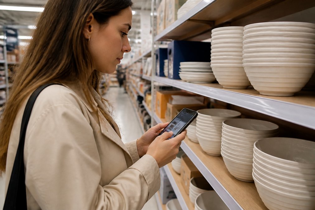 Person comparing product prices on a smartphone while shopping in a discount home goods store aisle, checking price comparisons and product details