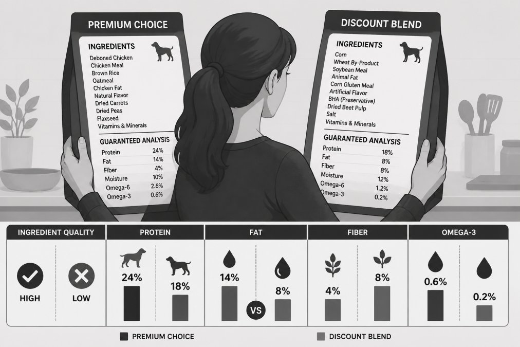Pet owner reading and comparing two dog food labels side-by-side, examining ingredient lists and nutritional information in natural kitchen lighting